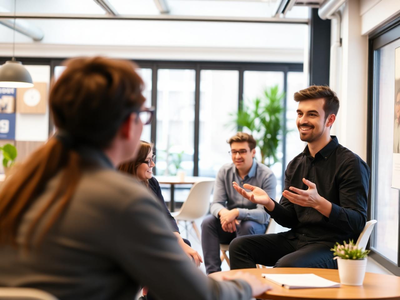 Young man giving an English presentation to a small group